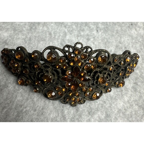 Antique Amber Tone Rhinestone Hair Barrette Jeweled Filigree Clip 4" Long - Picture 6 of 6